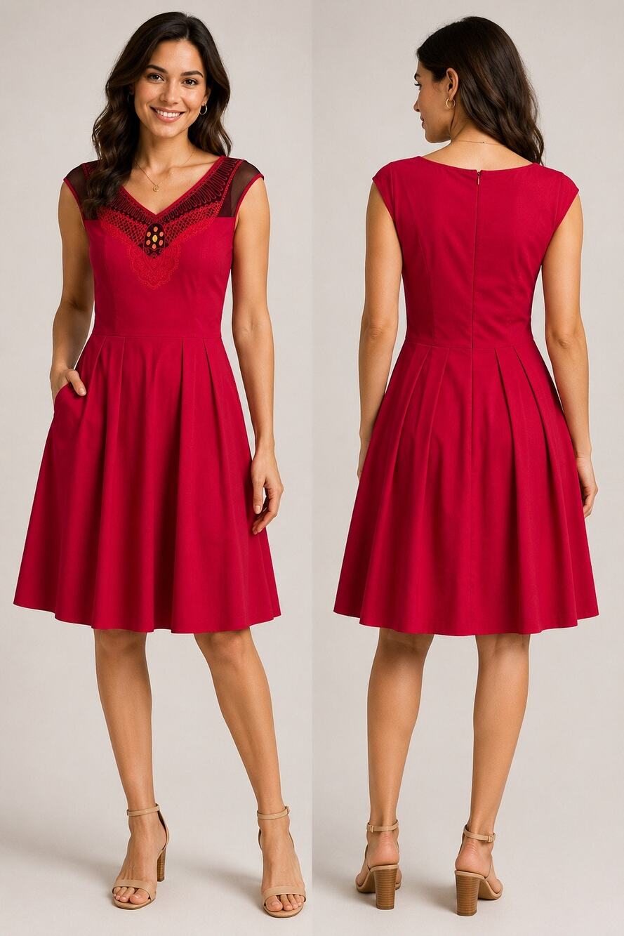 eShakti Red Embroidered Fit & Flare Dress Size S 6 Mesh Cotton Stretch Pockets